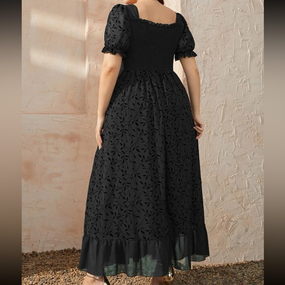 SHEIN Mulvari Plus Plant Print Shirred Square Neck Puff Sleeve Ruffle Hem Dress - Picture 2 of 3